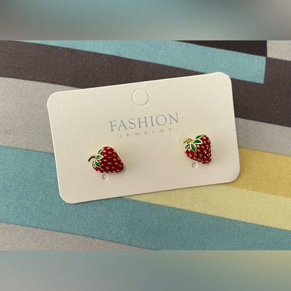 Strawberry Stud Earrings 18K Gold Plated Jewelry - Picture 3 of 4